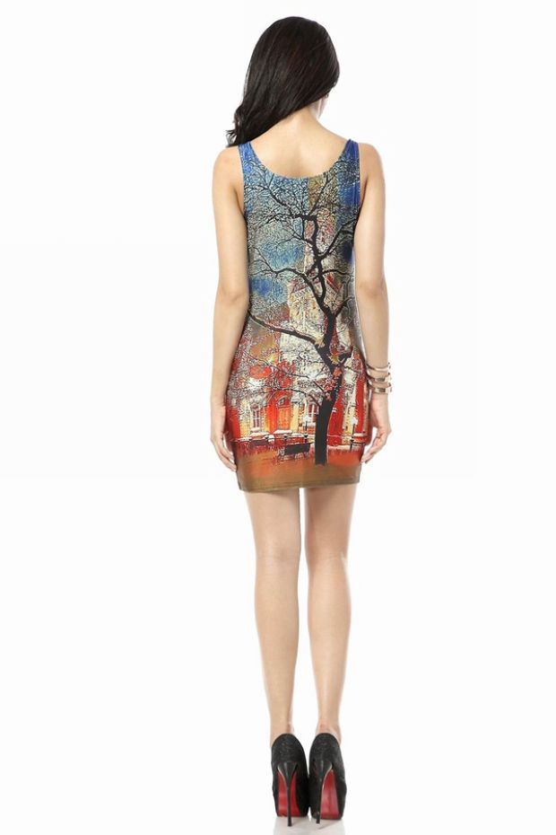 Colorful oil painting print pencil dress